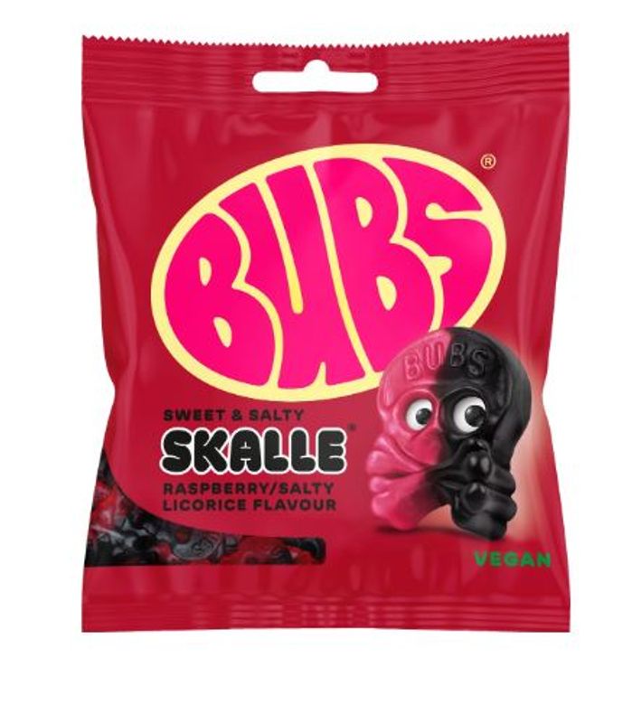 BUBS bringebærsalt lakrishodeskalle 155g*12st./ Vegan